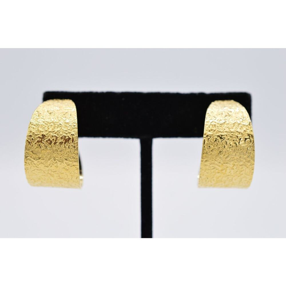 Trifari Crown Vintage Clip Earrings Statement Gold Hoop Brushed Signed 9E